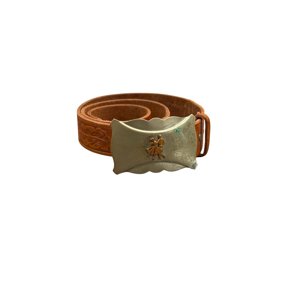 Unbranded Belt Mens 34 Brown Leather Floral Tooled Dancing Couple Trophy Buckle